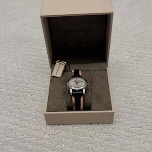 Burberry Silver Dial Watch with Black and Tan Striped Strap
